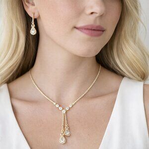 Rhinestone Double Drop Y-Shape Necklace Earrings Set New Elegant Prom Bridal